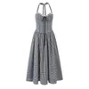 Vestido de Comprimento Médio Estilo Retro Francês com Laço e Xadrez Estilo Festivo Vestido Sexy Costas Abertas com Gola Halter Vestido de Alça