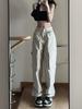 Petos retro americanos Petos retro europeos y americanos blanco cremoso pantalones casuales de pierna ancha para mujer moda ins otoño