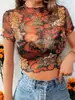 Estilo Nuevo de Verano Transfronterizo Manga Corta Floral Ajustado Sexy Blusa de Gasa Tops Camisetas para Mujer Europeas y Americanas Ropa para Mujer de Comercio Exterior