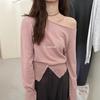 Estilo coreano Ropa suave Hombro descubierto Cruzado sobre el hombro Cuello cruzado Hombro Tejido de punto Casual Otoño de mujer Botón Abertura Top