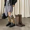 Botas de montar de piel de vaca y pelo sintético en bloques de color, botas largas de caña alta para mujer, nuevo estilo de invierno, cuero genuino, punta redonda, tacón medio, botas hasta la rodilla para mujer