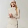 Kang Sai Ni Novo Suéter de Tricô Feminino 100% Caxemira Listrado Gola Alta com Suporte Acabamento com Babados Slim Fit