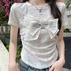 Camiseta de Manga Corta con Pajarita para Mujer, Nuevo Estilo de Verano, Ceñida a la Cintura, Corte Ajustado, Top Corto con Diseño de Moda y Dulce