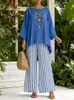 Conjunto de Roupa Feminina Europeu e Americano Estilo Duas Peças para Outono, Top Irregular Solto de Manga Larga com Calça de Cintura Alta de Perna Larga e Listras Verticais, Roupa para Férias