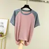 Camiseta de manga corta raglán de seda de hielo fresca estilo coreano de verano para mujer, top fino, corte holgado, talla grande, camiseta básica de cuello redondo