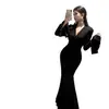 Vestido Base de Malha Slimming Retro Sexy Passo a Passo Decote Lótus Cintura Marcada Saia Longa Cauda de Peixe Gaze Fina Feminino