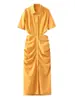 Venta al por mayor transfronteriza 2022 estilo europeo y americano para mujer, nuevo, color liso, cintura plisada, manga corta, con hebilla, ajustado, vestido largo