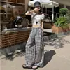 Calça de Linho Xadrez Wide-Leg Feminina Verão 2026 Novo Estilo Coreano Solta Emagrecedora Casual Estilo Preguiçoso Versátil Calça Longa