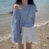 Tejido Fino Estilo Coreano con Ligera Transparencia, Diseño Hueco, Cubierta Protectora Solar, Hombros Descubiertos, Seda de Hielo, Tejido de Punto Trenzado, Jersey, Suéter de Manga Larga para Mujer