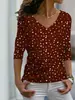 Camiseta de otoño para mujer 2024 negra de manga larga con estampado floral de lunares, holgada, con cuello en V redondo