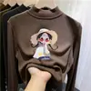 Camiseta térmica infantil de fleece dupla face, novo estilo outono/inverno, camada interna quente e macia para meninas, gola semimangata, top autotérmico