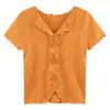 Lindo Top de Início de Primavera Estilo Francês Gentil Suéter de Manga Curta com Ruffle e Patchwork Feminino Preto Tamanho Único Damasco