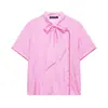 Novedad de Verano Ropa para Mujer Estilo Europeo y Americano Moda Simple Versátil Decoración de Lazo Camisa de Rayas de Manga Corta Top