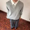 Camiseta de manga larga con bloques de color, corte relajado, efecto dos piezas para hombre, nueva colección otoño/invierno 2026, estilo retro japonés, top holgado con cuello en V