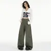 Calça Casual Workwear Estilo Americano Verde Militar para Mulheres, Novo Design Primavera 2026, Calça de Cintura Alta Solta de Pernas Largas