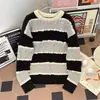 Suéter a rayas de bloques de color estilo japonés, tejido de punto vintage otoño/invierno para pareja, marca retro de moda, camiseta de abrigo informal