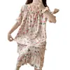 Camisola de Manga Curta de Verão Crepe de Algodão Imitação Algodão Bolha Renda Pijama Vestido Amplo Plus Size Roupa de Casa