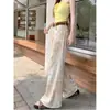 Jeans holgados florales tie-dye amarillos para mujer, nuevo estilo verano 2025, pantalones casuales de pierna ancha retro de cintura alta hasta el suelo