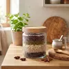 Pote de vidro selado com padrão em relevo e tampa de madeira, pote para armazenamento de grãos, pote para armazenamento à prova de umidade de lanches e produtos secos para cozinha