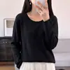 Suéter de Algodão 100% com Caimento Relaxado, Tricô de Manga Longa com Gola Redonda para Mulheres, Pulôver Slimming Estilo Preguiçoso de Outono