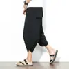 Calça Cropped de Linho Estilo Japonês para Verão Masculina, Cor Sólida, Casual Solta, Tamanho Grande Calça Harem de Perna Larga Algodão-Linho, Atacado de Fábrica