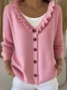 Cardigan de Tricô com Borda de Orelha de Madeira, Cor Sólida, Moda Casual, Suéter Casaco com Gola V Feminino, Novo Estilo Europeu e Americano Outono e Inverno 2026