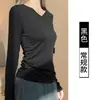 Camiseta Básica Versátil com Ombreiras, Decote V, Manga Longa para Mulheres, Novo Estilo de Outono, Camisa Base Branca Ajustada Emagrecedora