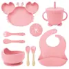 Juego de Alimentación para Bebé de Silicona de Grado Alimenticio de 9 Piezas, Plato con Ventosa de Cangrejo, Vaso Entrenador de Oso, Babero Impermeable, Kit Completo de Vajilla para Niños Pequeños Libre de BPA para Comer Solo