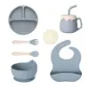 Juego de Vajilla Infantil de Silicona de Grado Alimenticio, Taza para Pastel, Plato con Ventosa, Plato Dividido, Babero, Mismo Modelo que Amazon