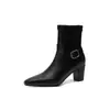 Botas skinny ajustadas de piel de cordero elástica, elegantes y adelgazantes, para el trabajo, 2026 Otoño Invierno, tacón grueso, tacón alto, puntera cuadrada pequeña, correa con hebilla, botines cortos para mujer