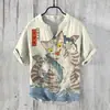 Nueva Camisa Hawaiana para Hombre Paisaje con Tinta Estampado de Sol Transfronteriza Europea y Americana Camisa de Lino de Bambú de Manga Corta con Cuello en V