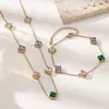Conjunto de Pulseira e Colar de Zircônia Colorida Retro Dourada Simples em Aço Titânio para Mulheres, Venda Quente Transfronteiriça, Não Desbota, Joias de Zircônia