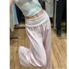 Calças largas rosa de cintura alta estilo americano para mulheres, finas de verão, cintura alta, fluidas, casuais, modeladoras, para yoga, fitness, esportes, comprimento total