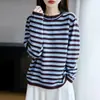 Estilo Novo Primavera 2026 Algodão Puro Estilo Preguiçoso Gola Redonda Tricô Manga Longa Color Block Listrado Solto Base Top para Mulheres