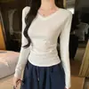 2602X Camiseta de Manga Longa com Pregas na Cintura e Decote V Estilo Coreano Selecionada Cuidadosamente para Mulheres Outono Inverno Emagrecedora Versátil Base de Algodão