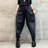 Outono de 2026 Novos Calças Harem Listradas Xadrez Lavadas Moda Personalidade Bolso Patchwork Versátil Emagrecedor Calças Longas para Mulheres