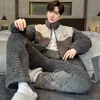 Pijama masculino outono e inverno três camadas acolchoado espessado forrado com fleece quente coral fleece flanela zíper conjunto de roupa para casa