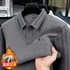 Suéter Listrado de Veludo Falso Duas Peças Oriole para Homens de Meia-Idade, Top Quente Casual Espessado de Veludo com Base de Lã