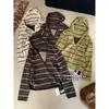 ULOUR/U Padrão - Outono/Inverno Estilo Retro Coreano Color Block Listrado Patchwork Falso Duas Peças Moletom Manga Longa com Capuz Feminino 6157