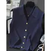 Camisa Polo Azul Marino de Seda de Hielo Sin Mangas Cárdigan de Punto Superior Chaleco Delgado de Verano para Mujer Chaleco