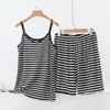 Conjunto de Casa de Verano Holgado Talla Grande para Mujer, Conjunto de Dos Piezas de Camisola Fina Rayada de Cuello V de Modal y Shorts