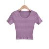 Camiseta de manga corta de punto con encaje hueco de estilo europeo y americano para mujer, top corto ajustado de verano