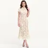 Vestido de encaje jacquard color albaricoque de verano, modelo de exportación europeo, americano y del sudeste asiático, de manga corta, ajustado a la cintura, de longitud media, estilo sirena, superventas