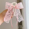 Goma para el pelo de encaje dulce con perlas y colgante de lazo estilo francés, para moño de niña, Cuerda elegante para coleta