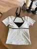 Camisa Básica Feminina Manga Curta Botões Cintura Alta Estilo Hot Girl com Top Patchwork Decote Halter Puro Desejo