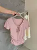 Wgwe8987 Guangzhou Shisanxing Camiseta de Verano Nueva para Mujer con Cordones Dulce de Manga Corta Cintura Fruncida Crop Top de Moda