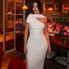 Estilo Europeu e Americano Comércio Exterior Cor Sólida Roupas Femininas Cintura Marcada Emagrecedor Elegante Justa no Quadril Saia Longa Assimétrica com Decote Assimétrico Sem Mangas