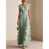 Comercio Exterior Transfronterizo Sitio Independiente de Ropa para Mujer Amazon Color Sólido Plisado Manga Corta Cuello en V Volante Vestido Largo Vestido de Gala