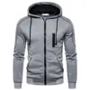 Sudadera con capucha gris para hombre, estilo europeo y americano, casual, para primavera/otoño, con cremallera, sin cuello ni forro, con bolsillos con cremallera, en stock
