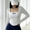 Camiseta de Manga Larga para Mujer, Otoño e Invierno, Cuello Cuadrado, Sexy, Ajustada, Estilo Pura Pasión, Crop Top Corto, Ombligo al Descubierto, Ropa Interior, Camiseta Básica para Mujer